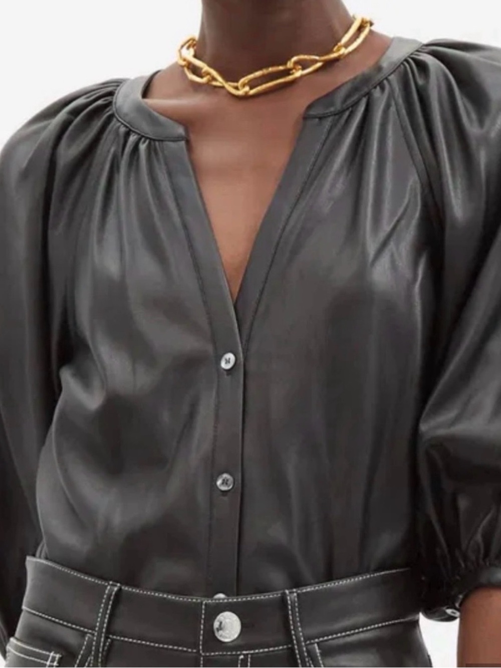 Staud Women's Black Faux Leather Puff-Sleeve Dill Top. Excellent condition XS